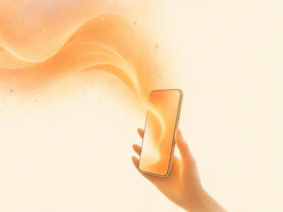 A hand lifts a glowing phone as a warm ribbon of light, a spoken word, flows into it.