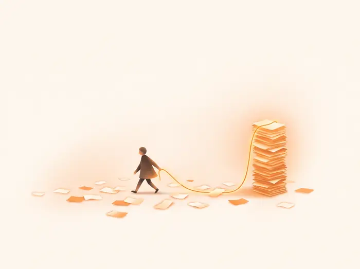 A small figure walks pulling a glowing thread that gathers scattered paper slips into one neat, shining stack.